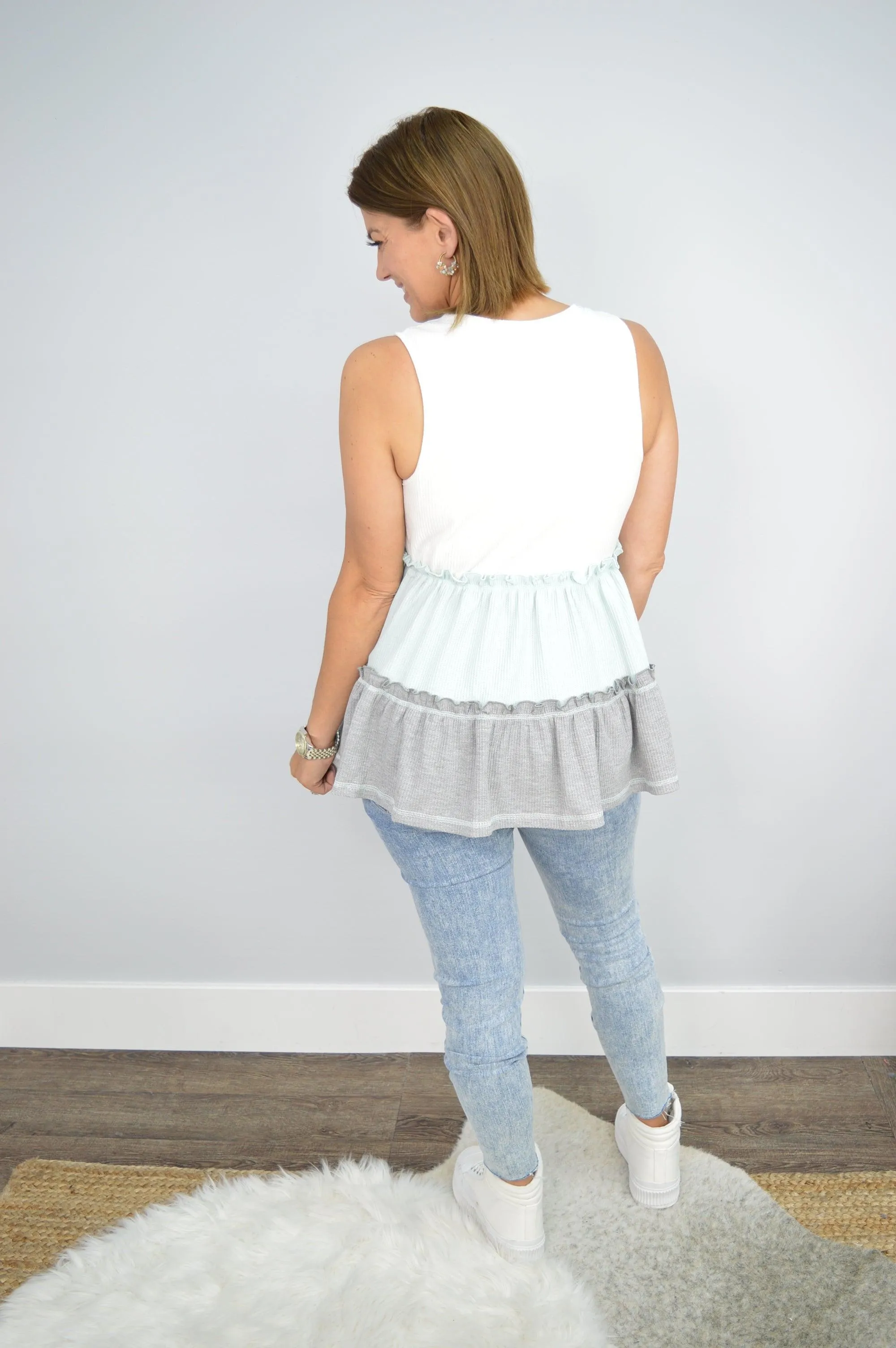 Hazel Blues® | Tricolor Frill Trim V-Neck Sleeveless Top