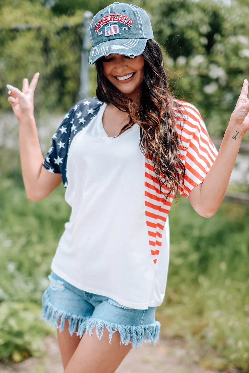 Hazel Blues® |  US Flag V-Neck Tee Shirt