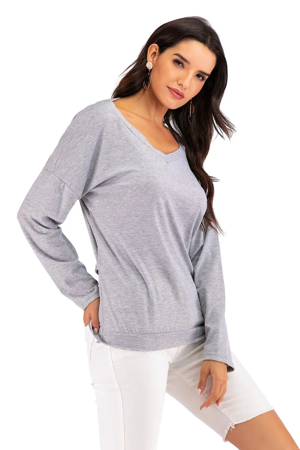 Hazel Blues® |  V-Neck Drop Shoulder Open Back Sweatshirt