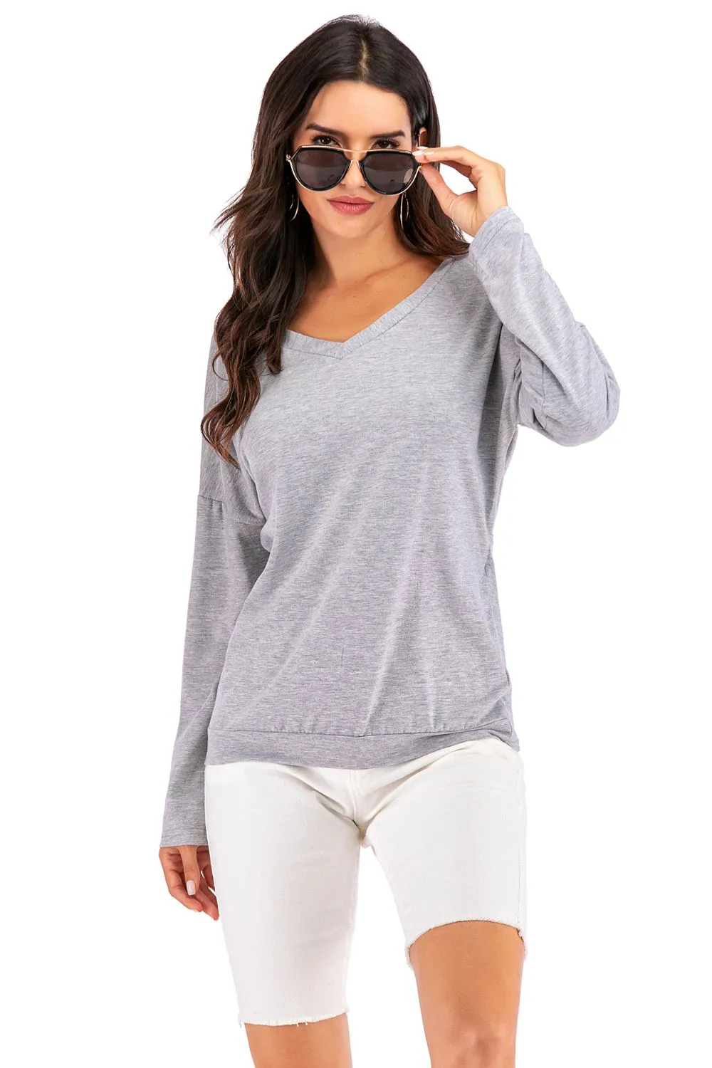 Hazel Blues® |  V-Neck Drop Shoulder Open Back Sweatshirt