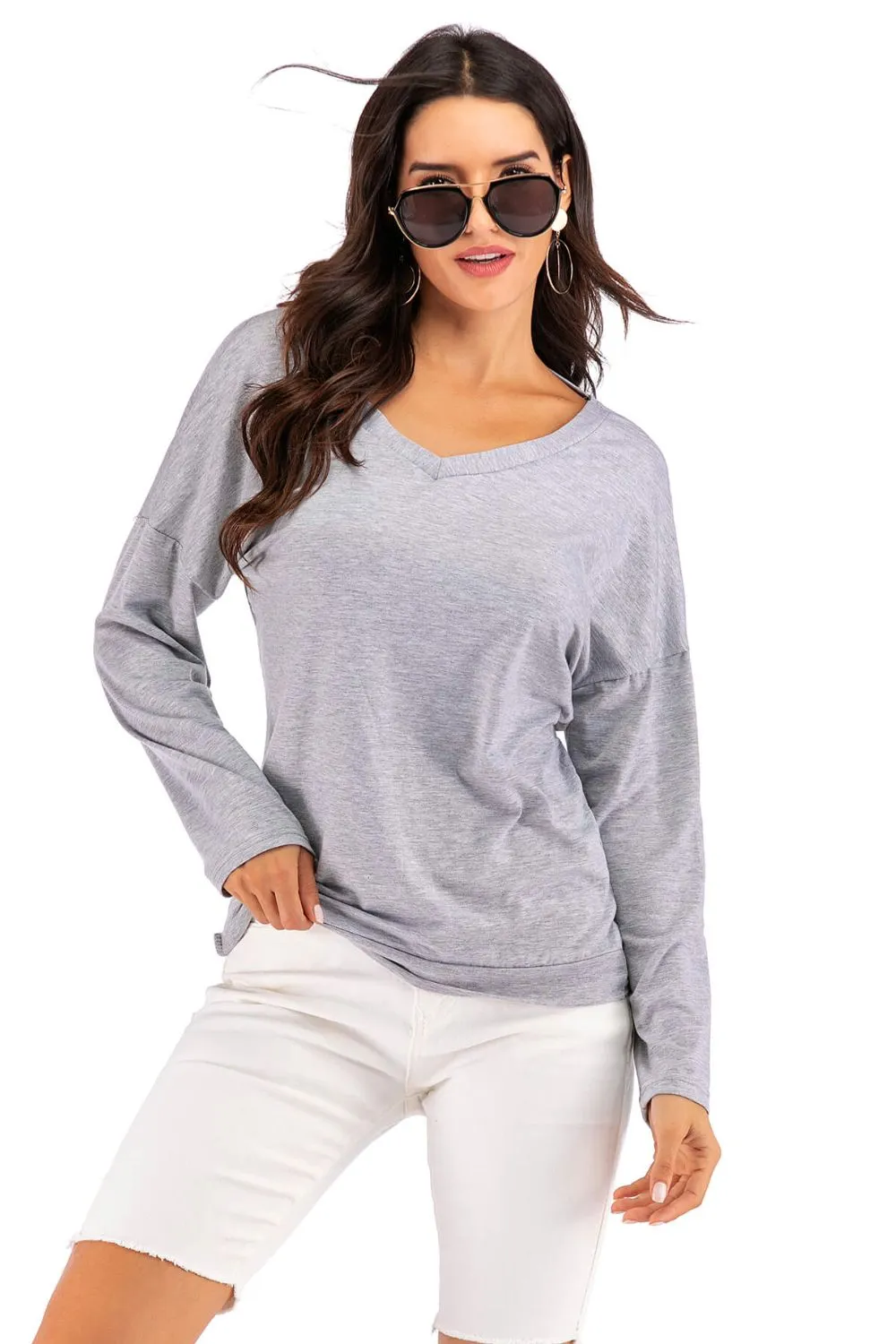 Hazel Blues® |  V-Neck Drop Shoulder Open Back Sweatshirt