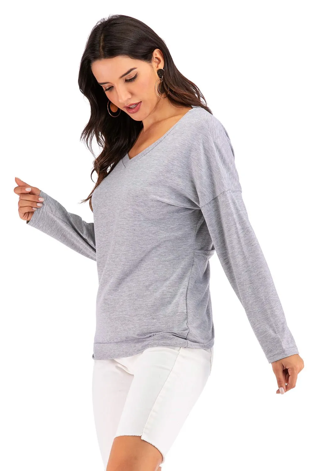 Hazel Blues® |  V-Neck Drop Shoulder Open Back Sweatshirt