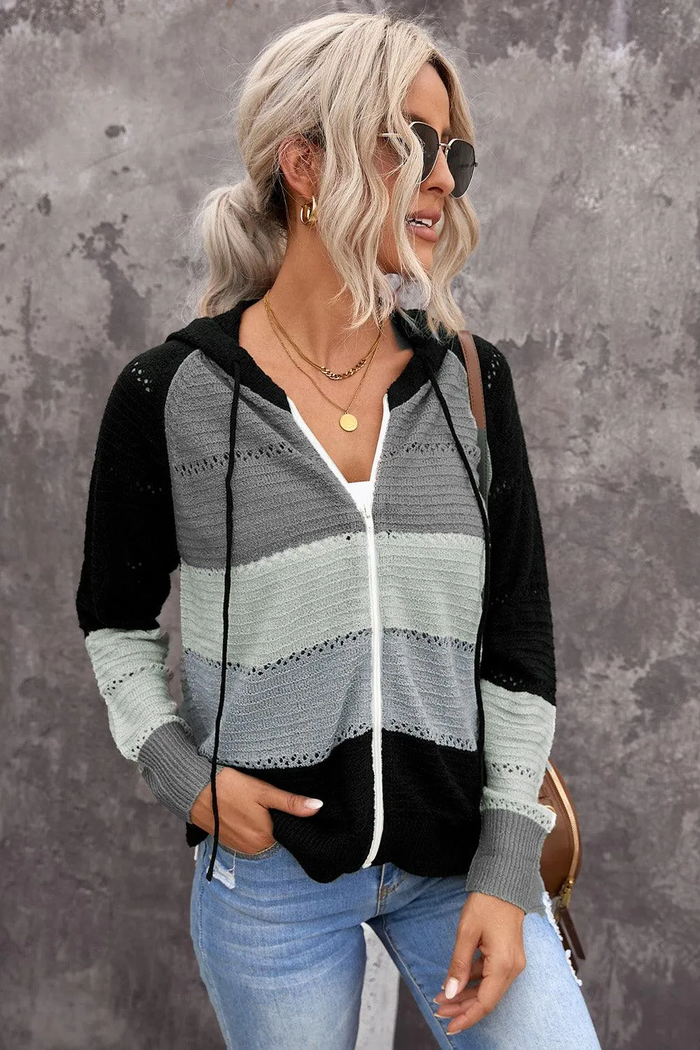 Hazel Blues® | Zip-Up Raglan Sleeve Openwork Hooded Cardigan