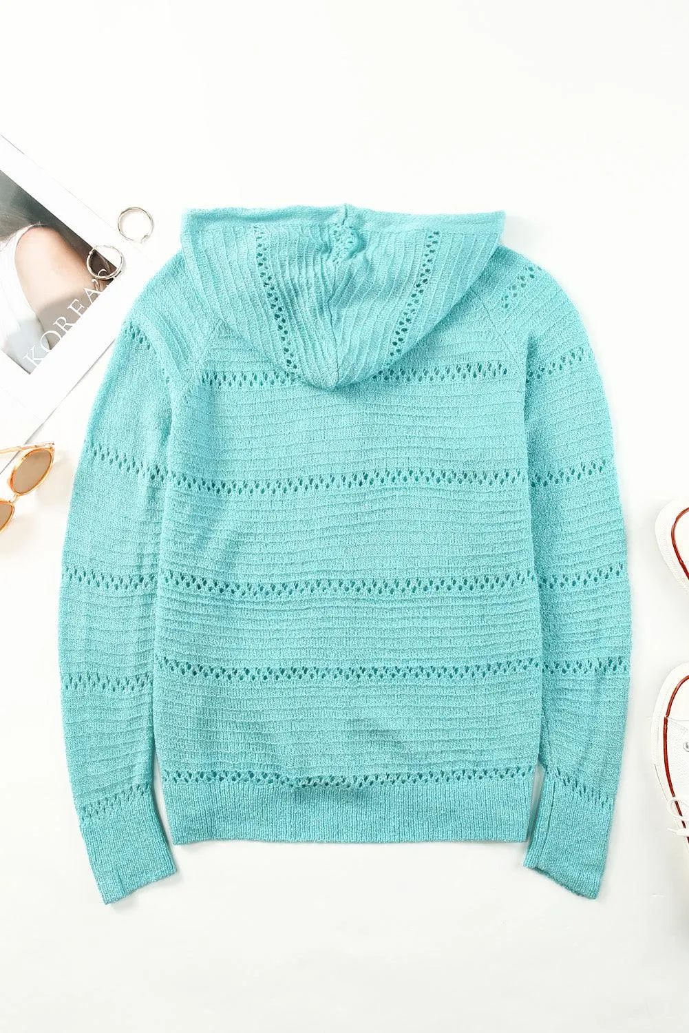 Hazel Blues® | Zip-Up Raglan Sleeve Openwork Hooded Cardigan