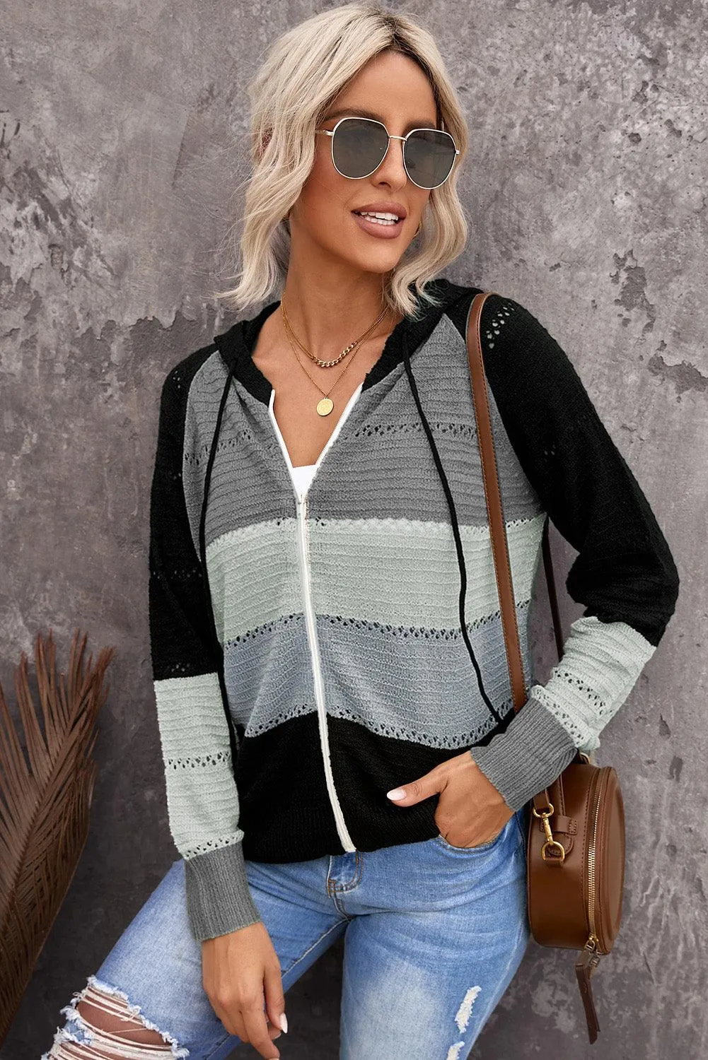 Hazel Blues® | Zip-Up Raglan Sleeve Openwork Hooded Cardigan