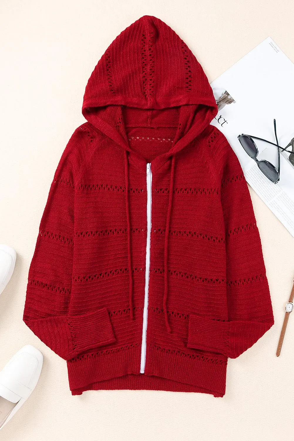 Hazel Blues® | Zip-Up Raglan Sleeve Openwork Hooded Cardigan