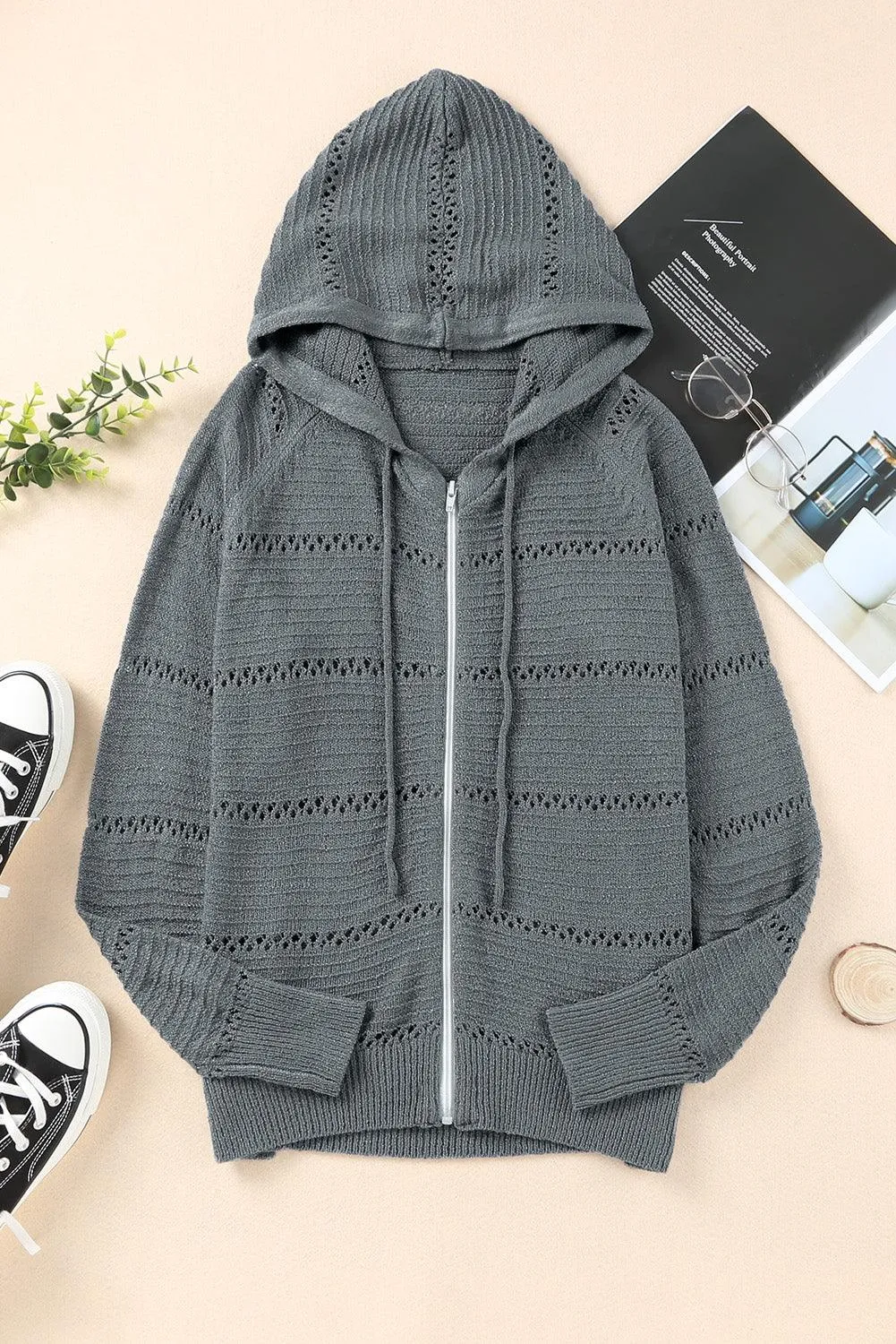 Hazel Blues® | Zip-Up Raglan Sleeve Openwork Hooded Cardigan