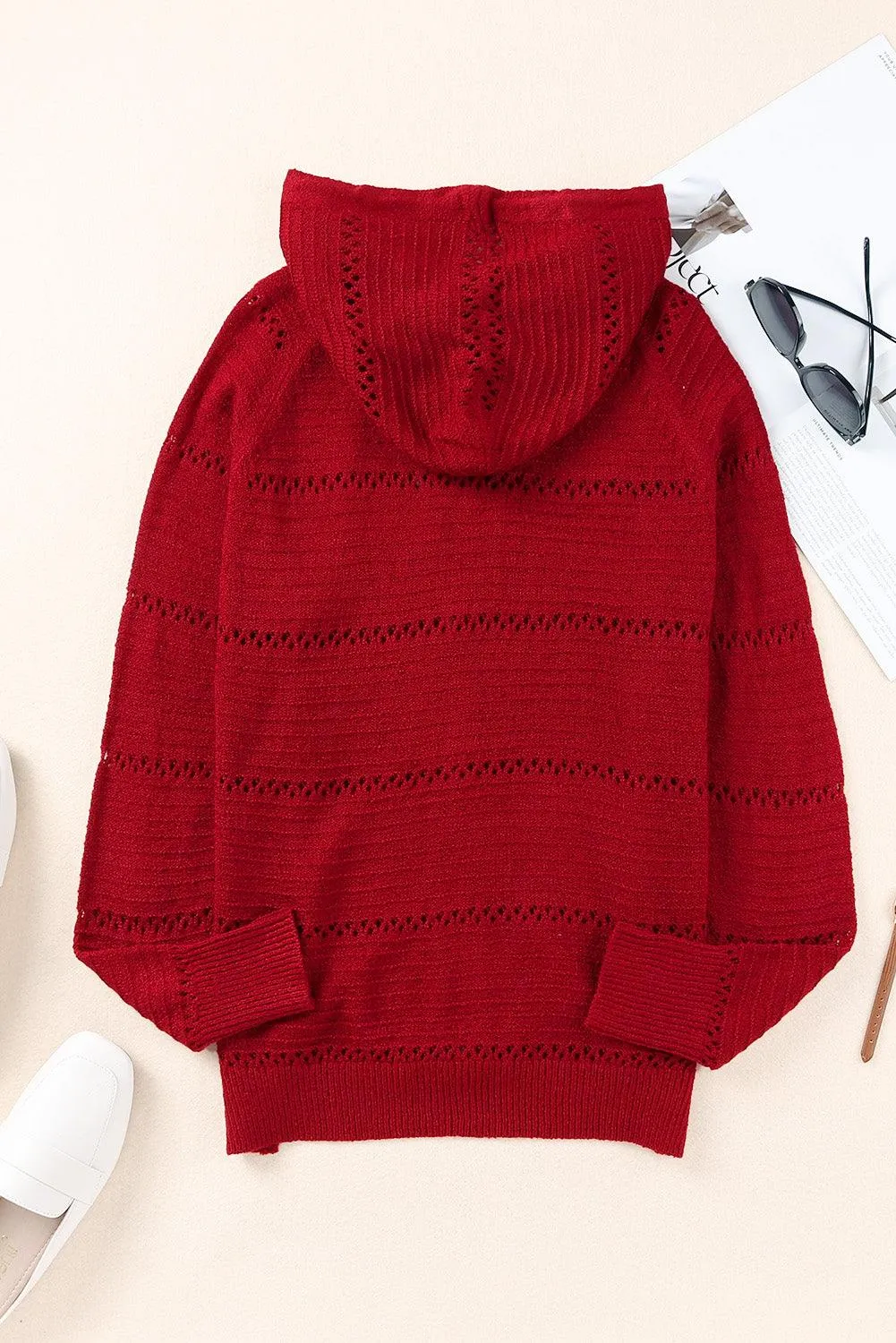 Hazel Blues® | Zip-Up Raglan Sleeve Openwork Hooded Cardigan