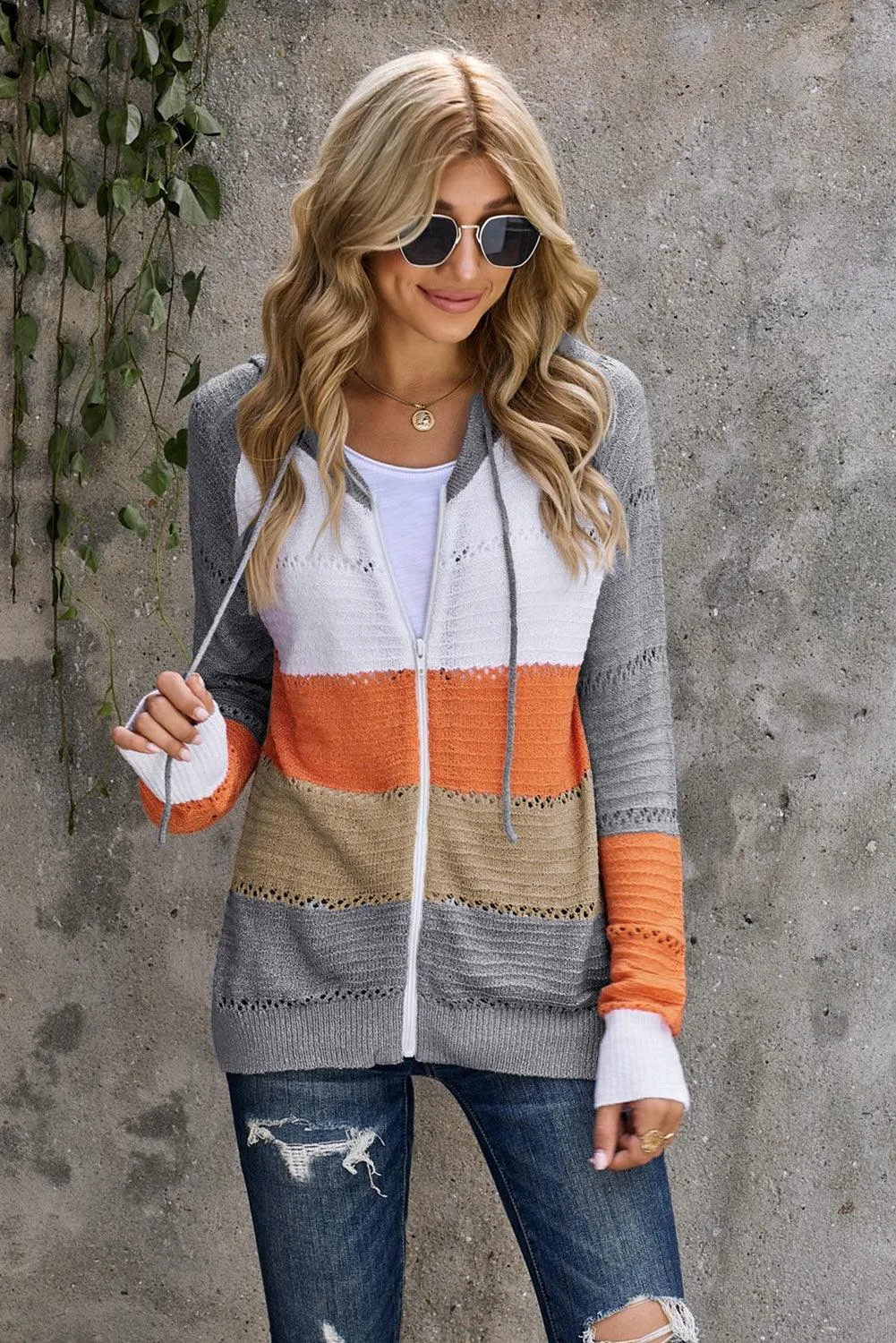 Hazel Blues® | Zip-Up Raglan Sleeve Openwork Hooded Cardigan