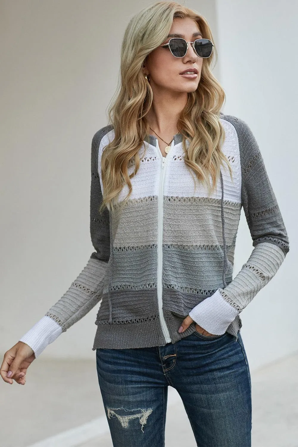 Hazel Blues® | Zip-Up Raglan Sleeve Openwork Hooded Cardigan