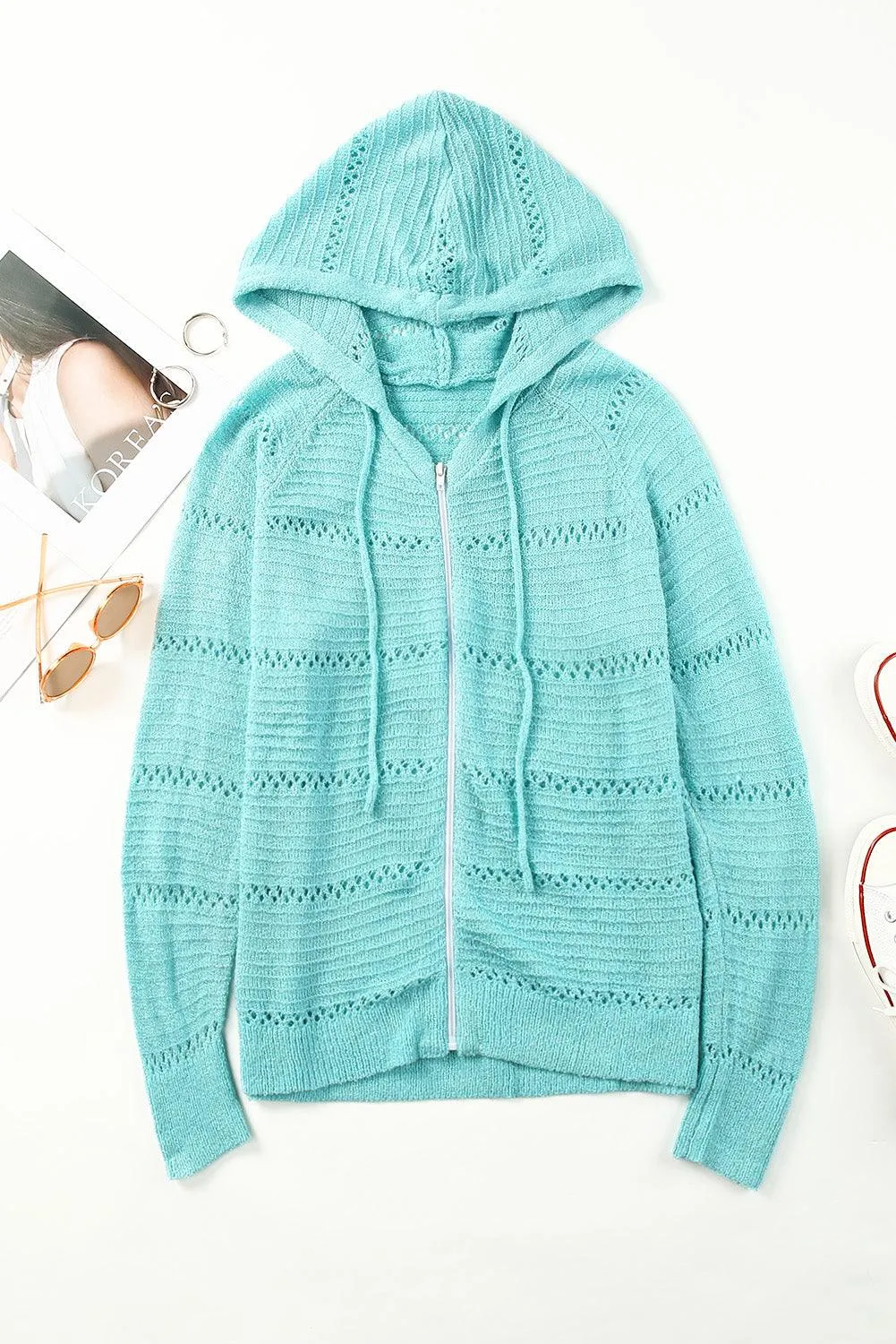Hazel Blues® | Zip-Up Raglan Sleeve Openwork Hooded Cardigan