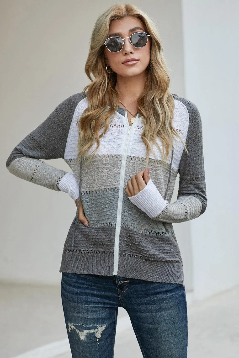 Hazel Blues® | Zip-Up Raglan Sleeve Openwork Hooded Cardigan
