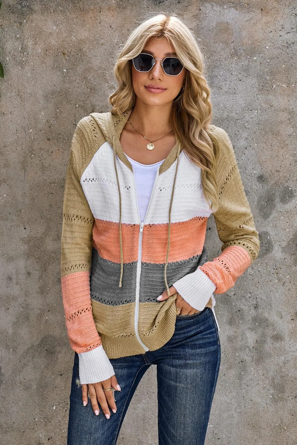 Hazel Blues® | Zip-Up Raglan Sleeve Openwork Hooded Cardigan