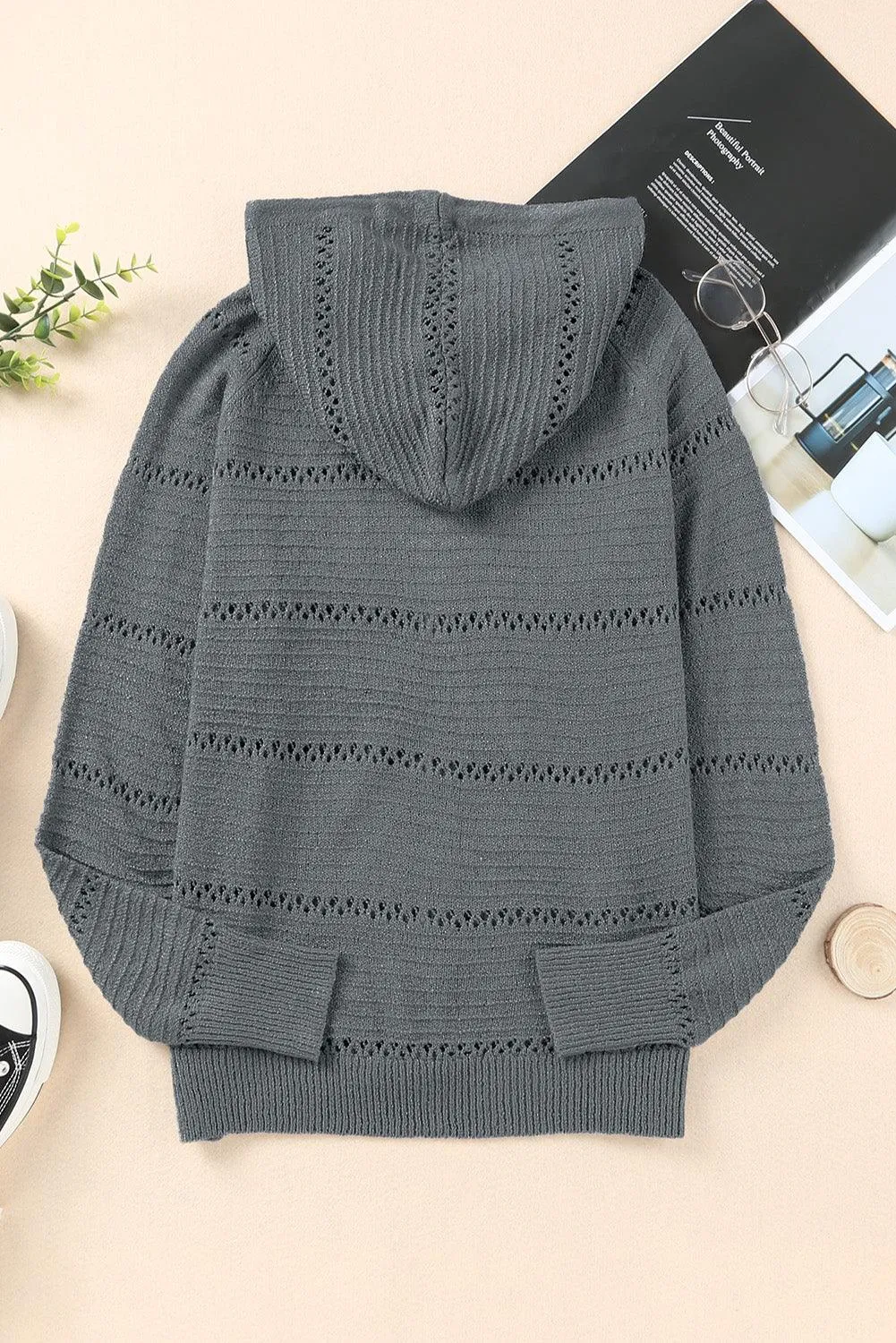 Hazel Blues® | Zip-Up Raglan Sleeve Openwork Hooded Cardigan