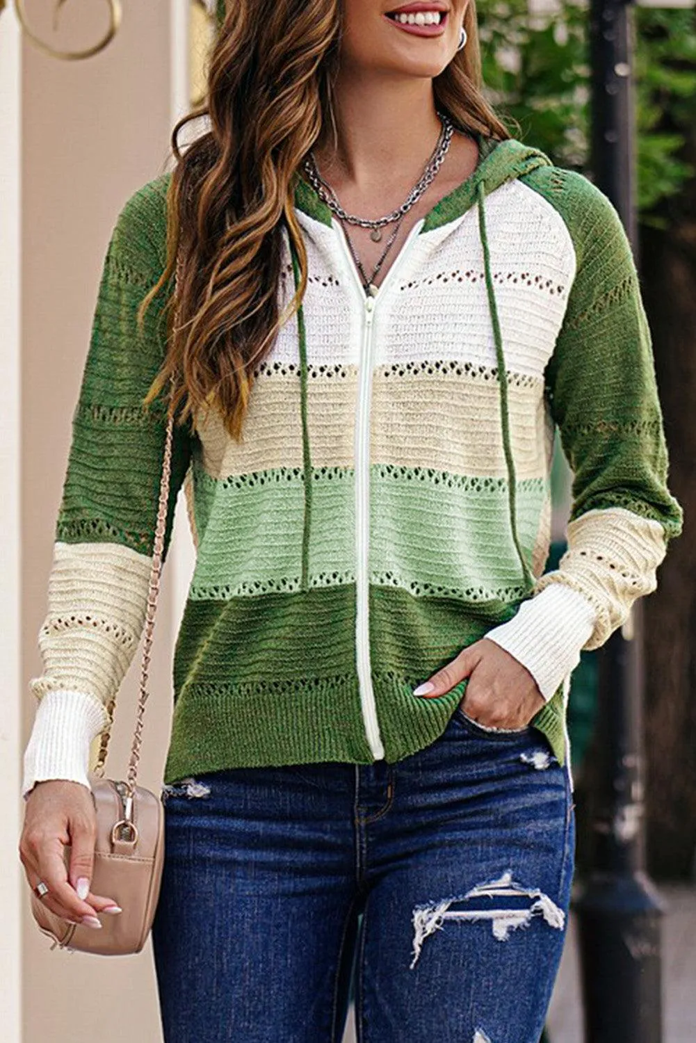 Hazel Blues® | Zip-Up Raglan Sleeve Openwork Hooded Cardigan