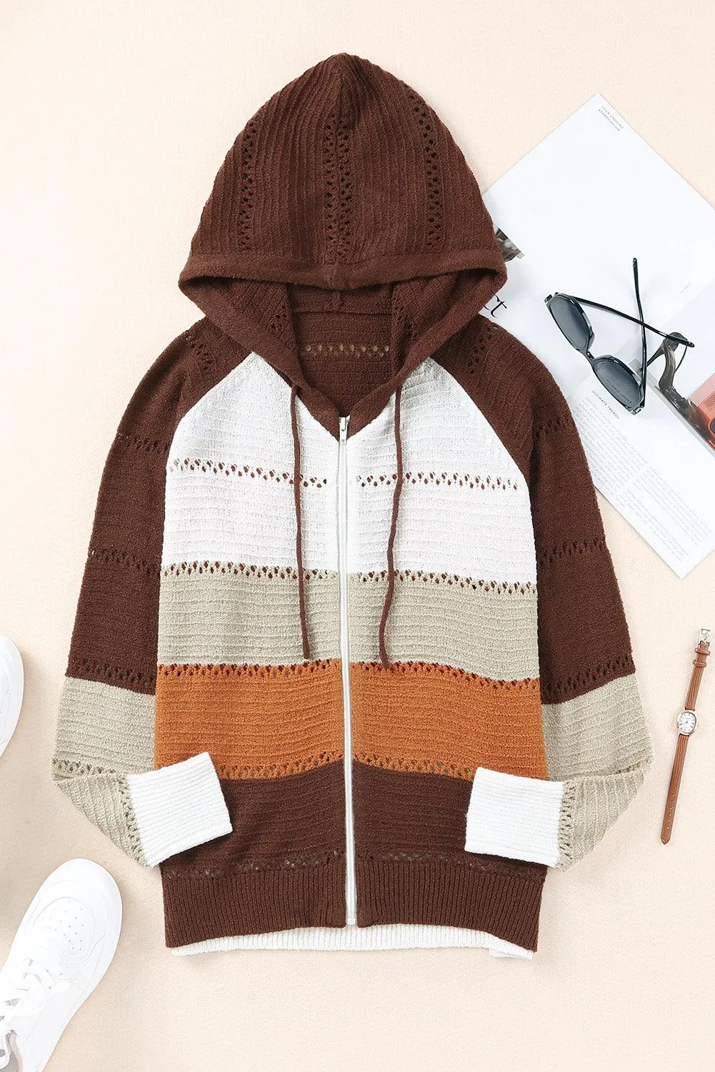 Hazel Blues® | Zip-Up Raglan Sleeve Openwork Hooded Cardigan