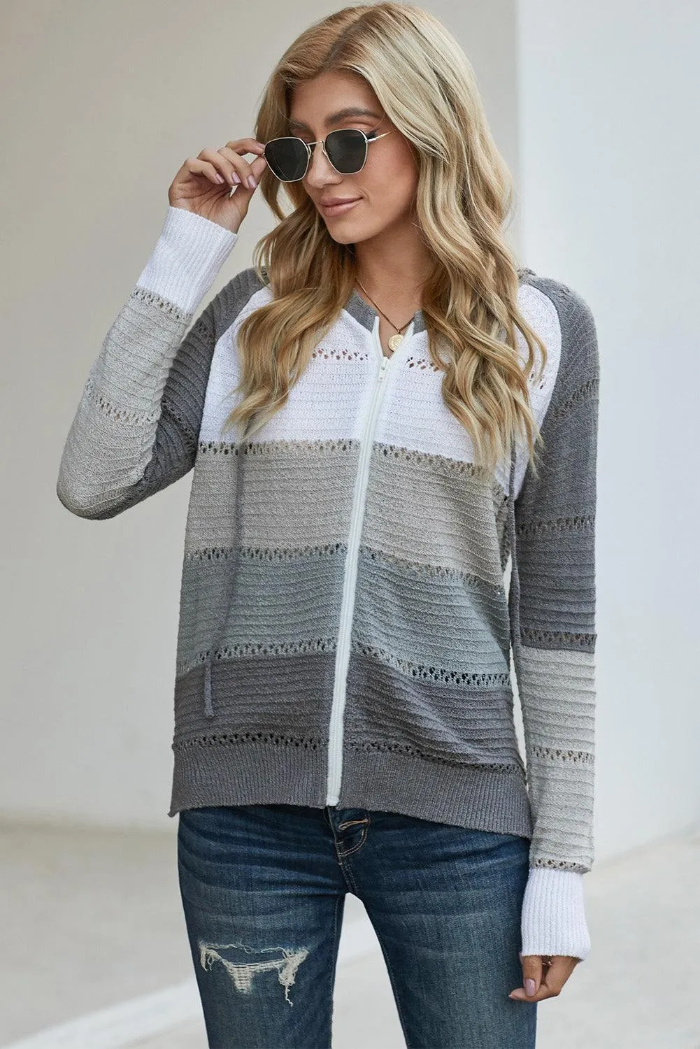 Hazel Blues® | Zip-Up Raglan Sleeve Openwork Hooded Cardigan