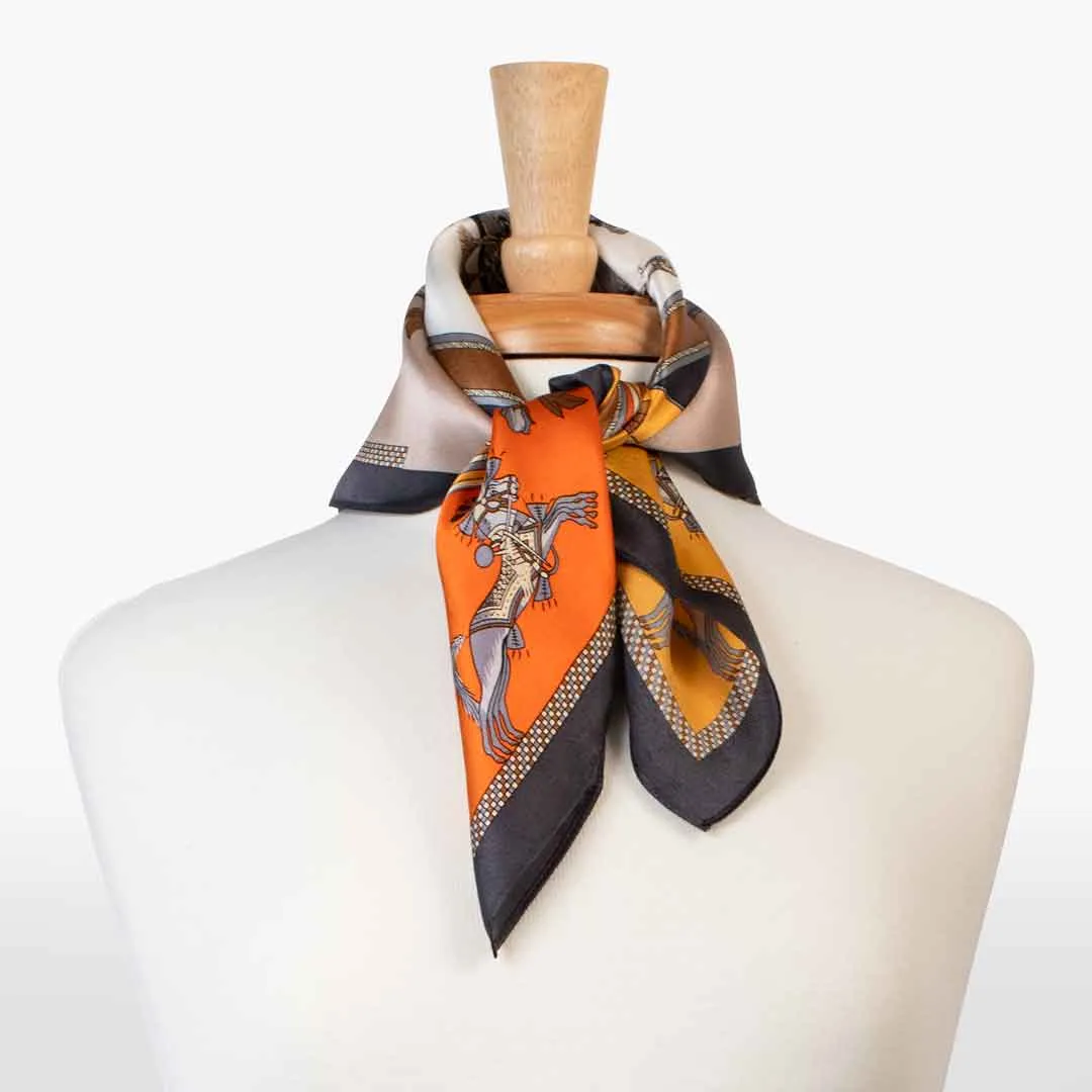 Helena - Stylized Equestrian Pattern Bold Amber & Tangerine Scarf