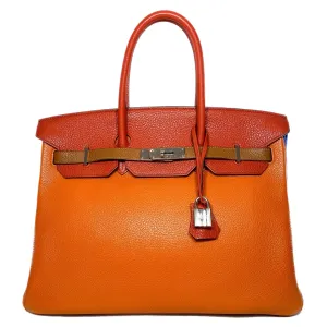 Hermes Birkin 35 Arlequin Orange Sanguine Gold Bleu Lin Bleu Hydra Etain Clemence Palladium Hardware