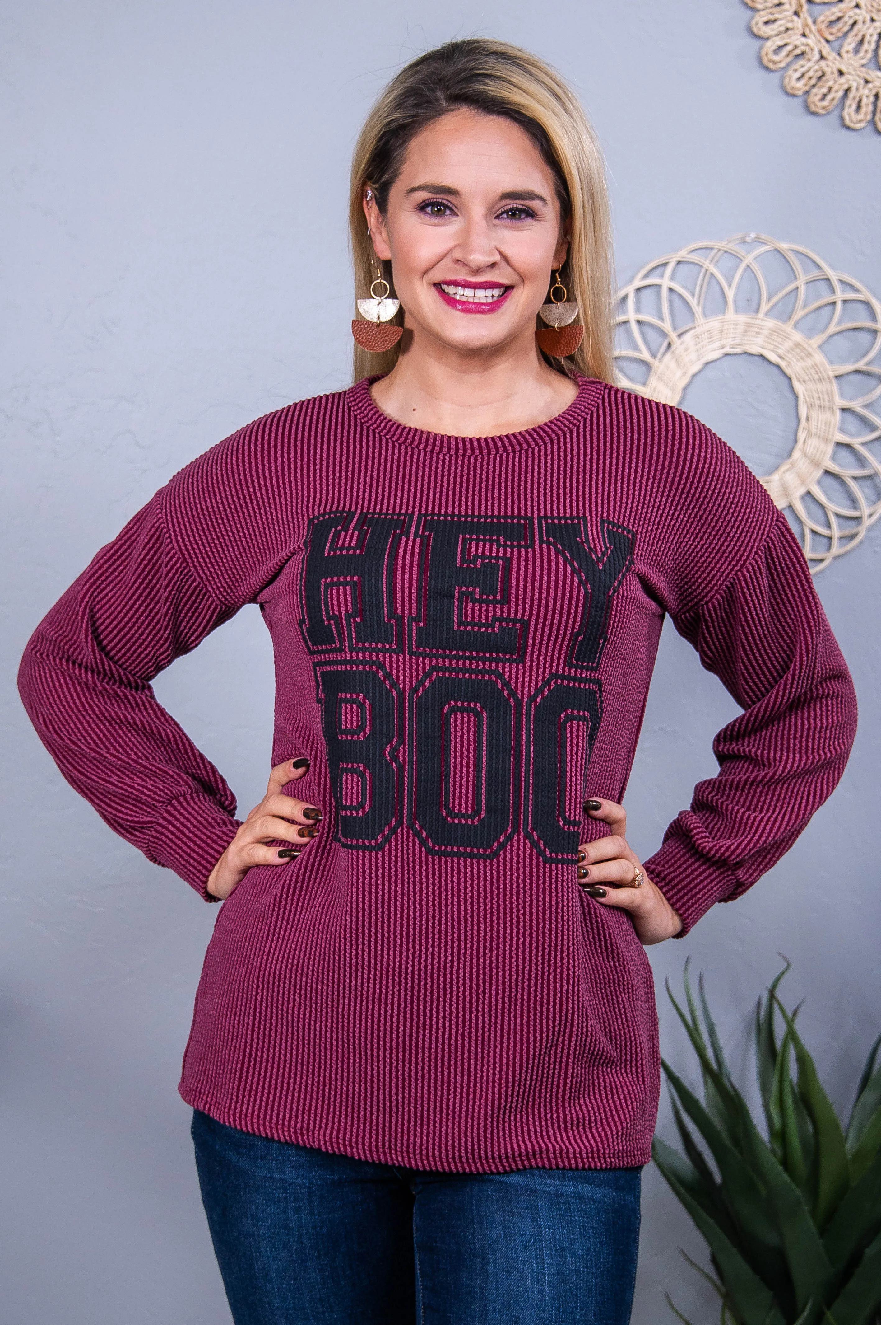 Hey Boo Wine Ribbed Top - T10487WN