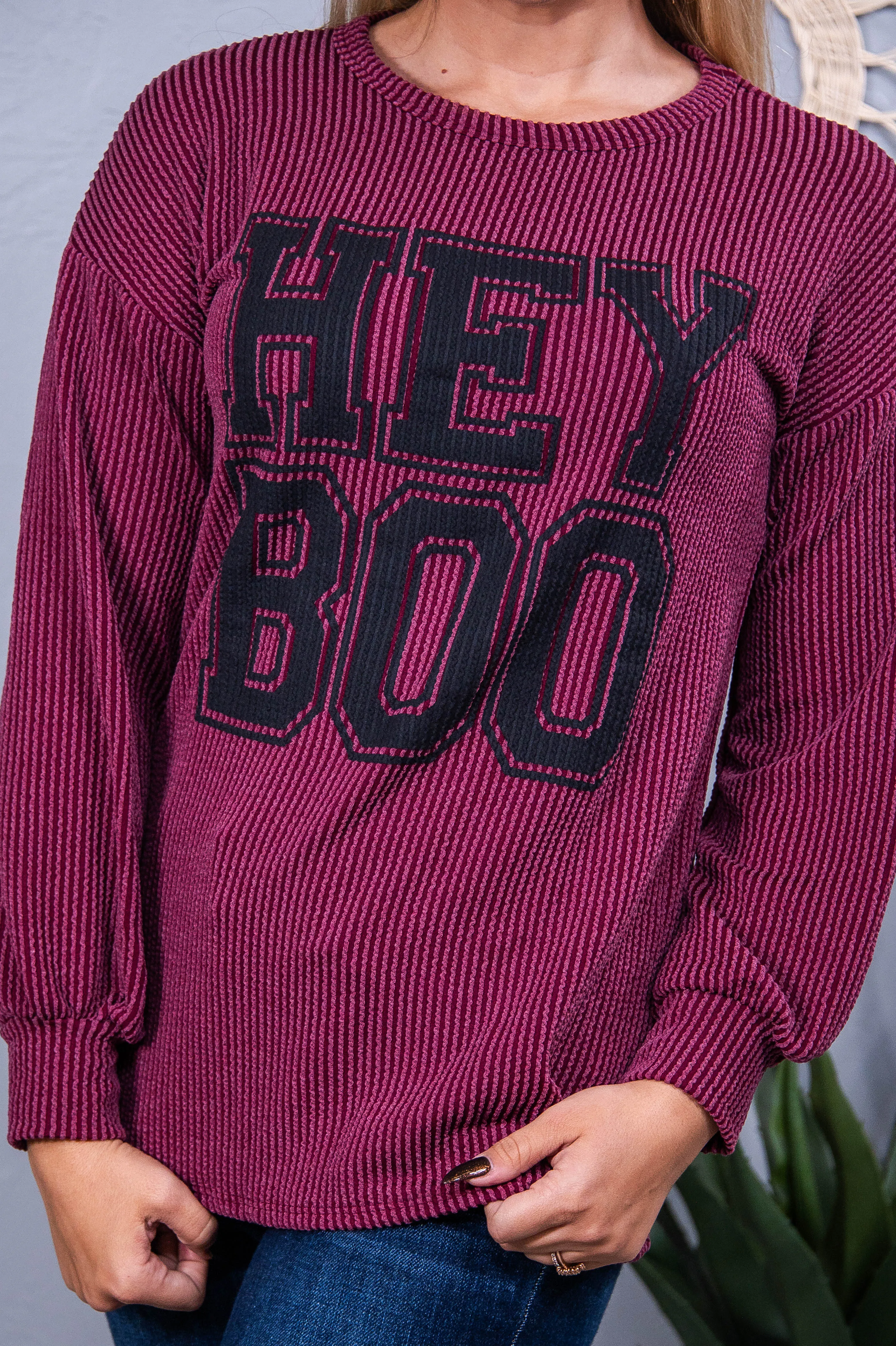 Hey Boo Wine Ribbed Top - T10487WN