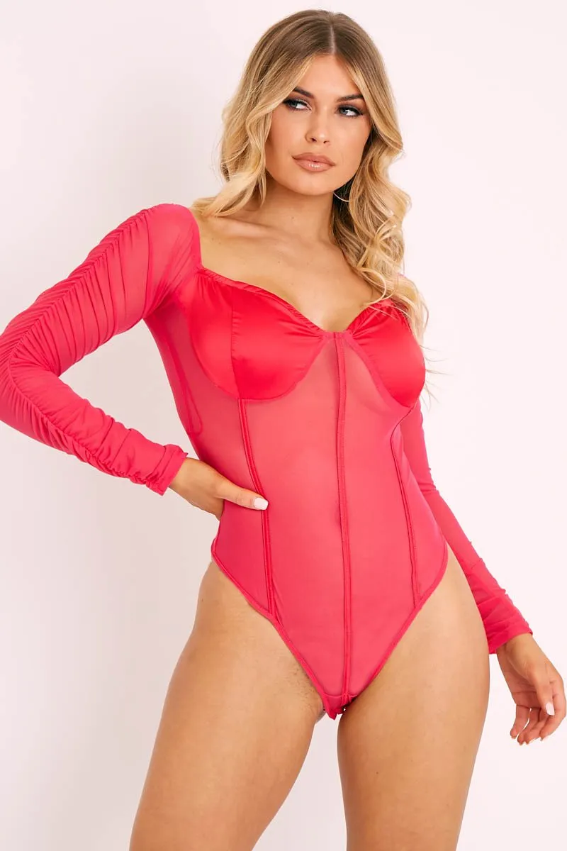 Hot Pink Satin Corset Ruched Arm Bodysuit - Hartlee