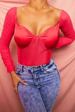 Hot Pink Satin Corset Ruched Arm Bodysuit - Hartlee