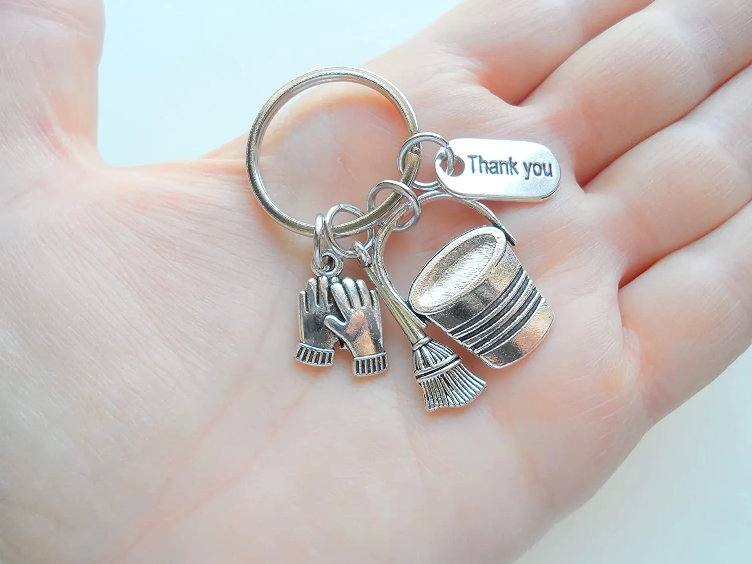 Housekeeping Appreciation Gift Keychain; Bucket, Broom, Work Gloves, Thank You Charm Keychain