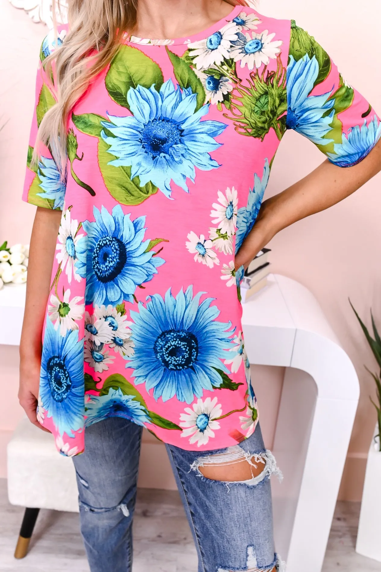 Hype It Up Hot Pink/Blue Floral Top - T4453HPK