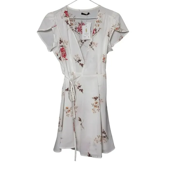 Jahan's Premium Dress Womens Large Floral White Beach Floral Summer‎ V Neck NWT