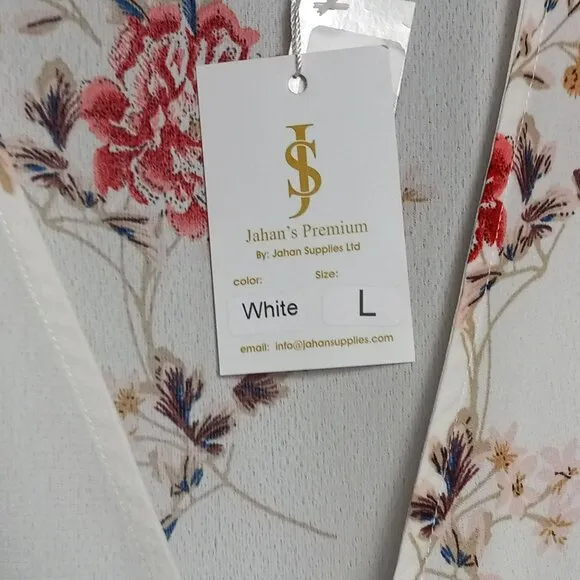 Jahan's Premium Dress Womens Large Floral White Beach Floral Summer‎ V Neck NWT