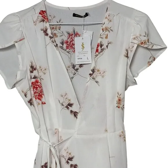 Jahan's Premium Dress Womens Large Floral White Beach Floral Summer‎ V Neck NWT