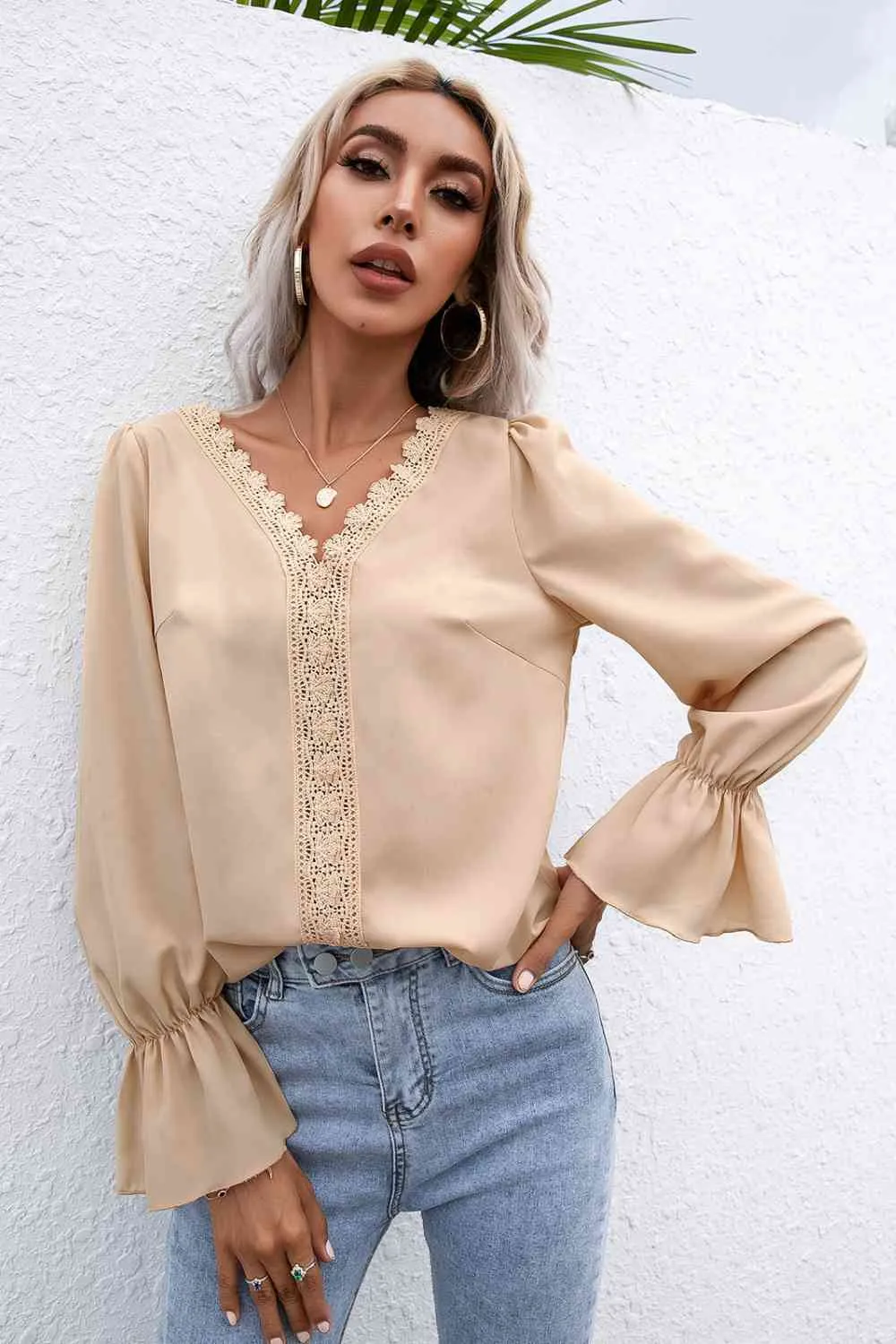 Jilly Lace Trim Flounce Sleeve Blouse