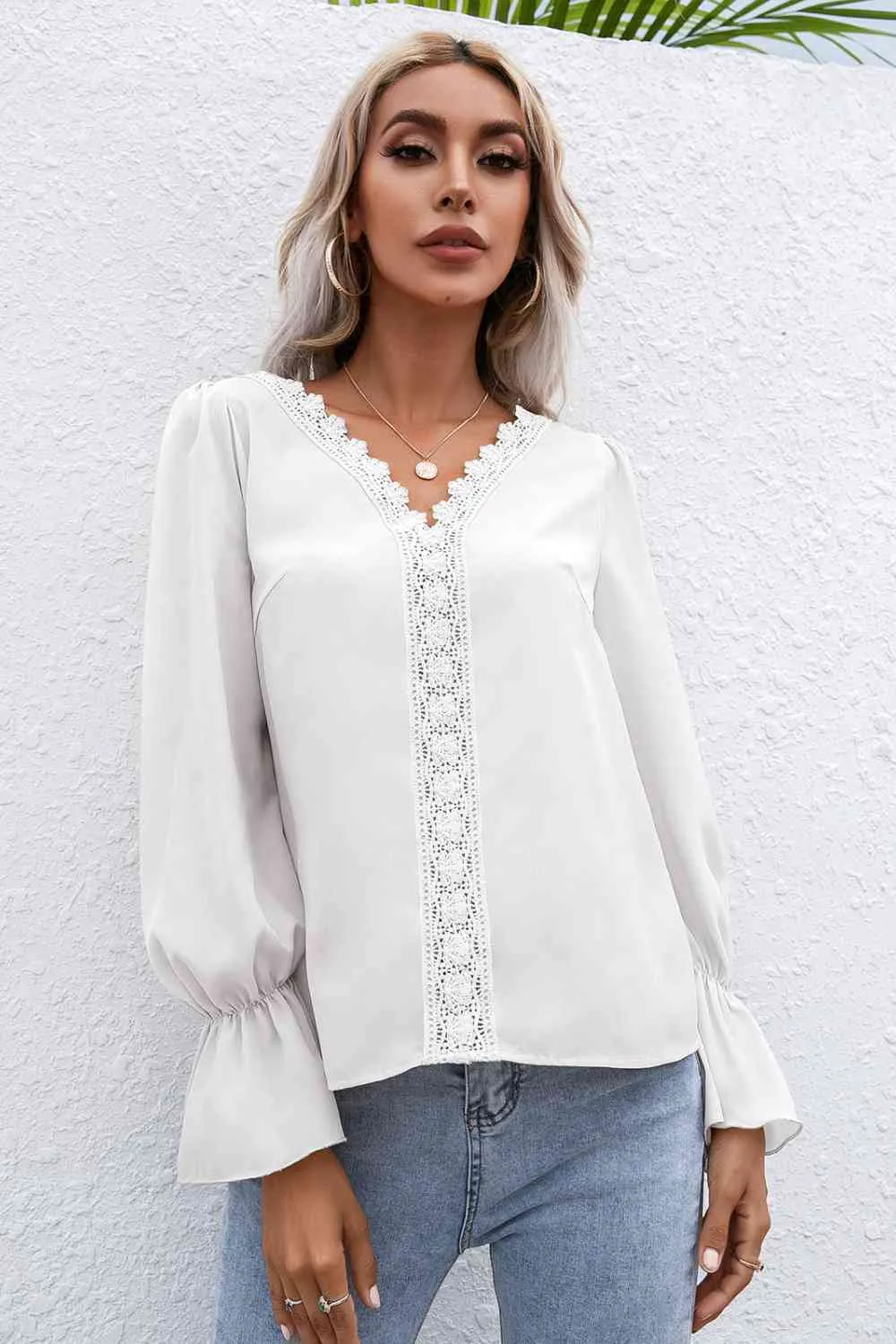 Jilly Lace Trim Flounce Sleeve Blouse
