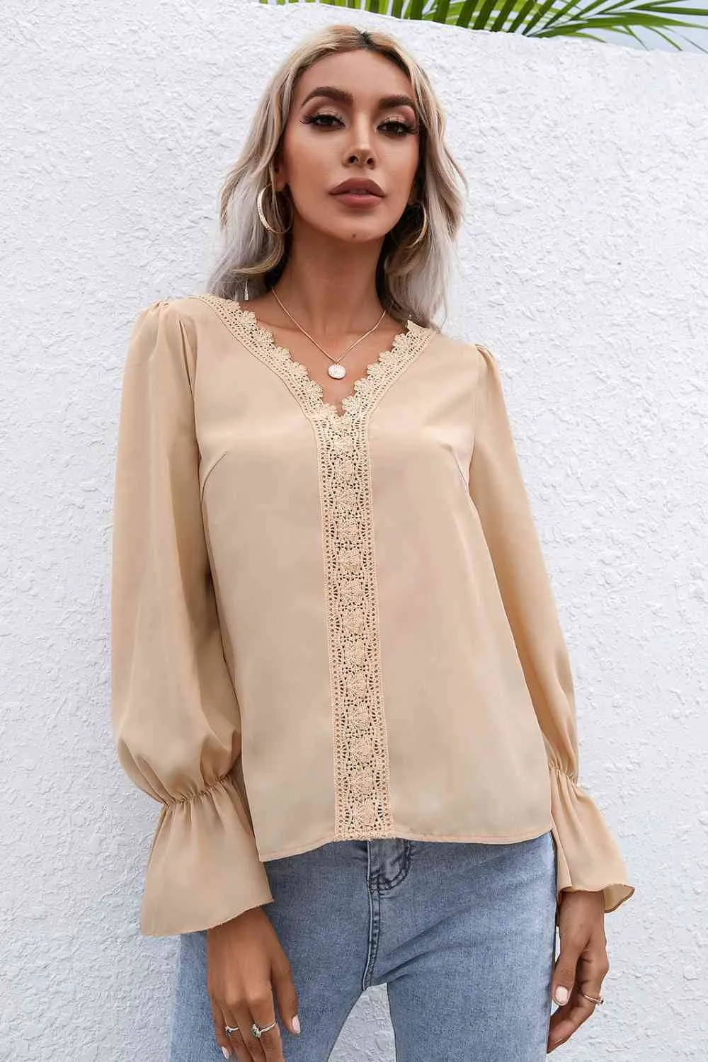 Jilly Lace Trim Flounce Sleeve Blouse