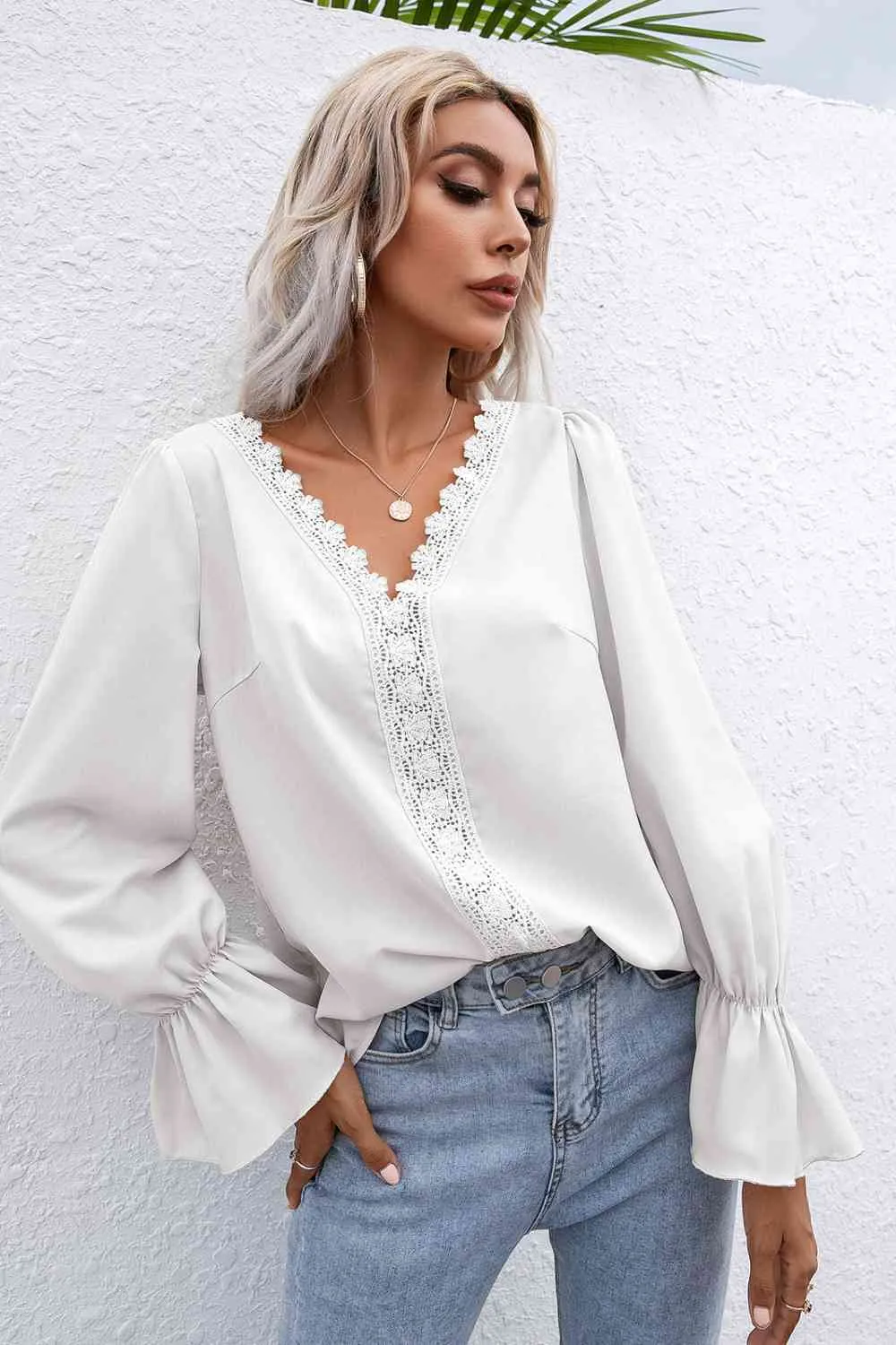 Jilly Lace Trim Flounce Sleeve Blouse