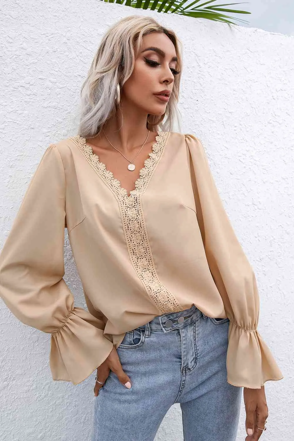 Jilly Lace Trim Flounce Sleeve Blouse