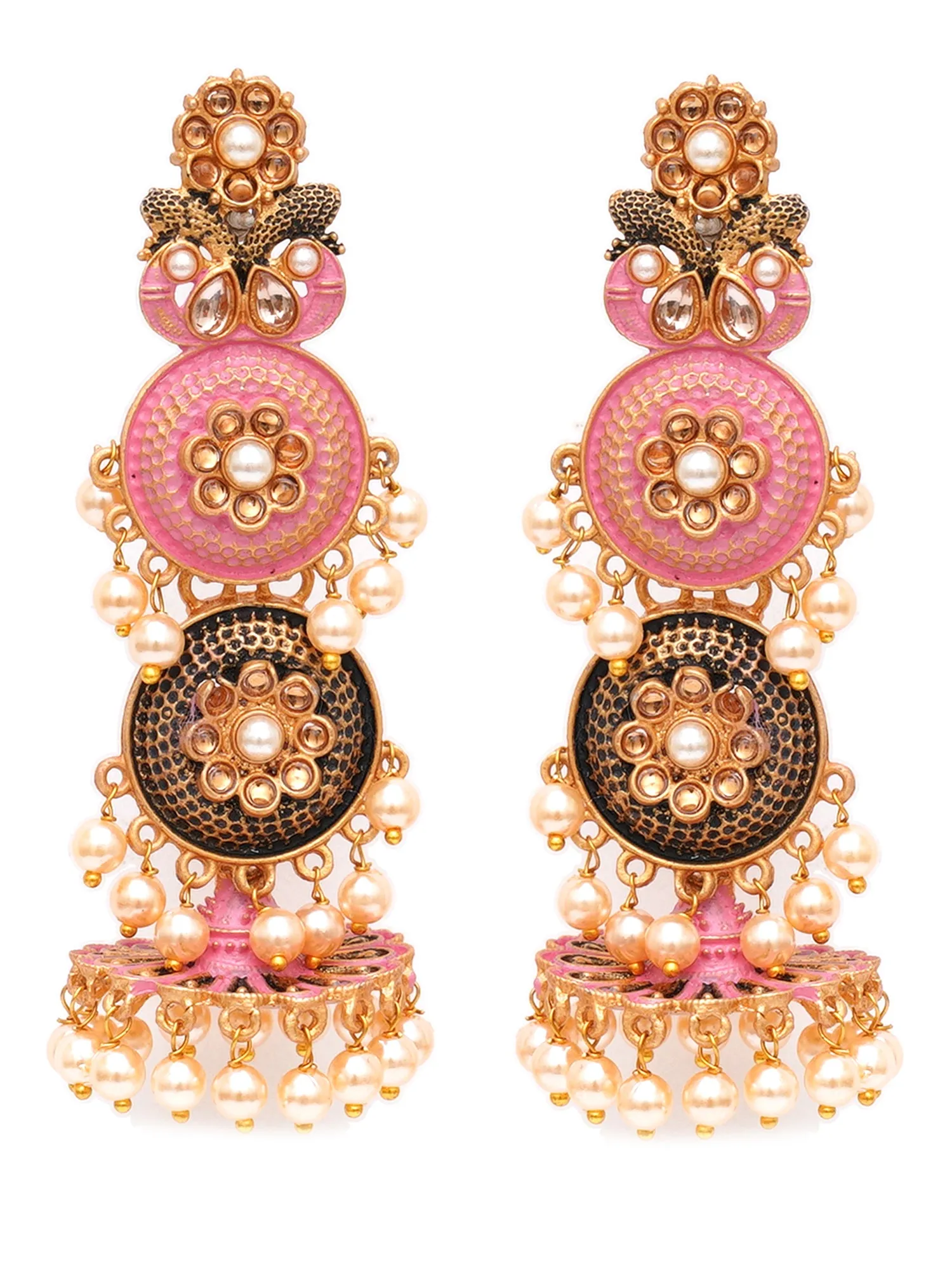 Karatcart Gold Plated Antique Floral Design Pink Drop Earrings for Women