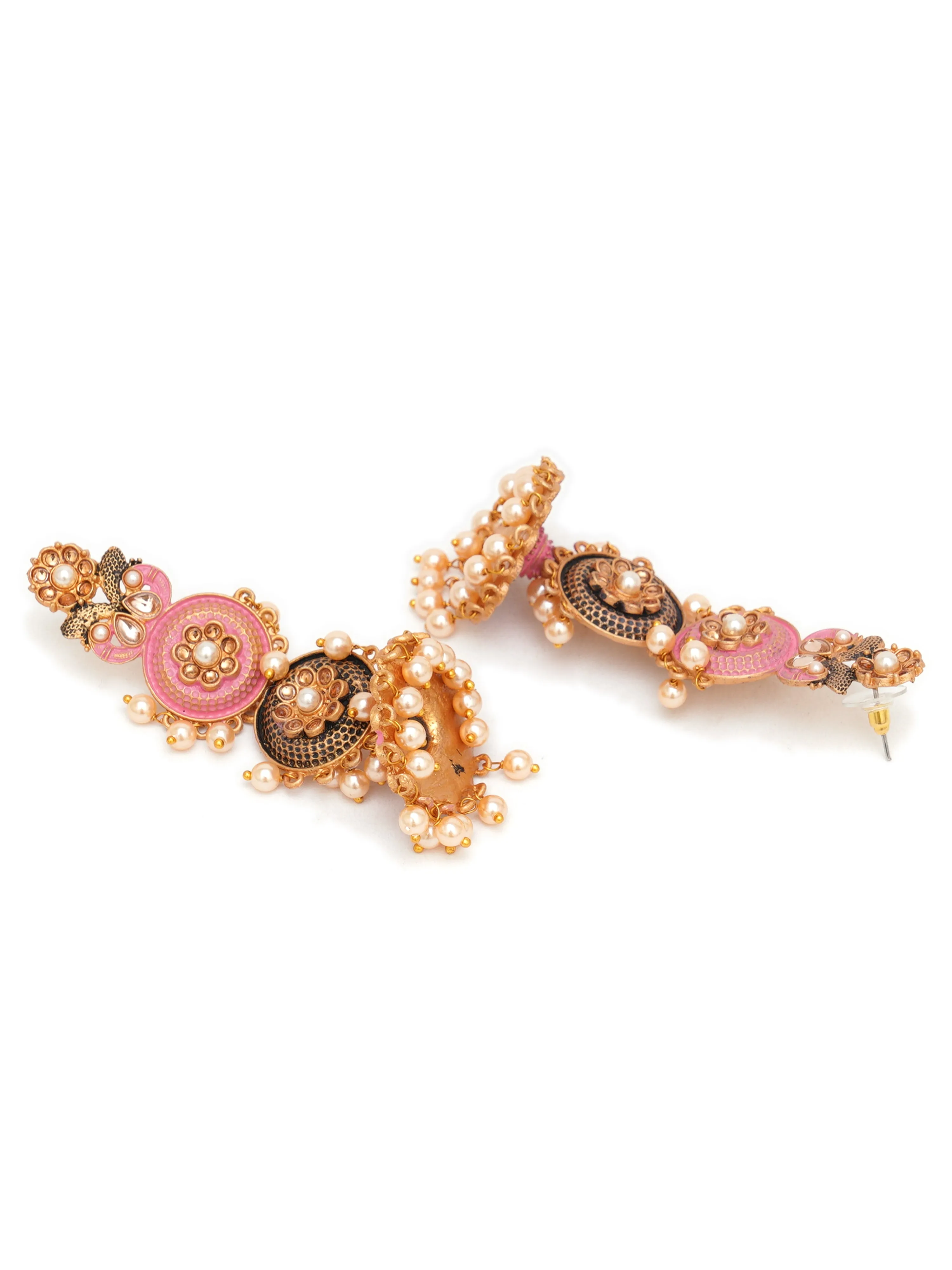 Karatcart Gold Plated Antique Floral Design Pink Drop Earrings for Women