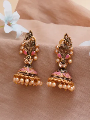 Karatcart Gold Plated Pink Stone Studded Peacock Shape Jhumki Earrings for Women