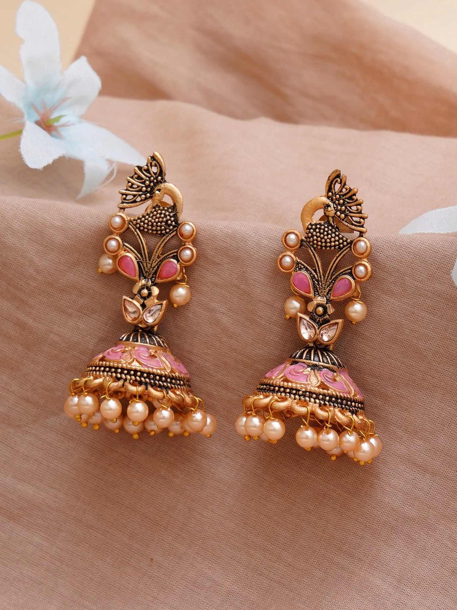 Karatcart Gold Plated Pink Stone Studded Peacock Shape Jhumki Earrings for Women