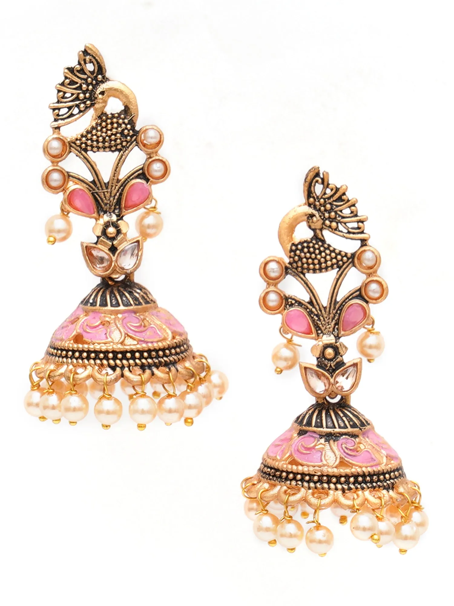 Karatcart Gold Plated Pink Stone Studded Peacock Shape Jhumki Earrings for Women