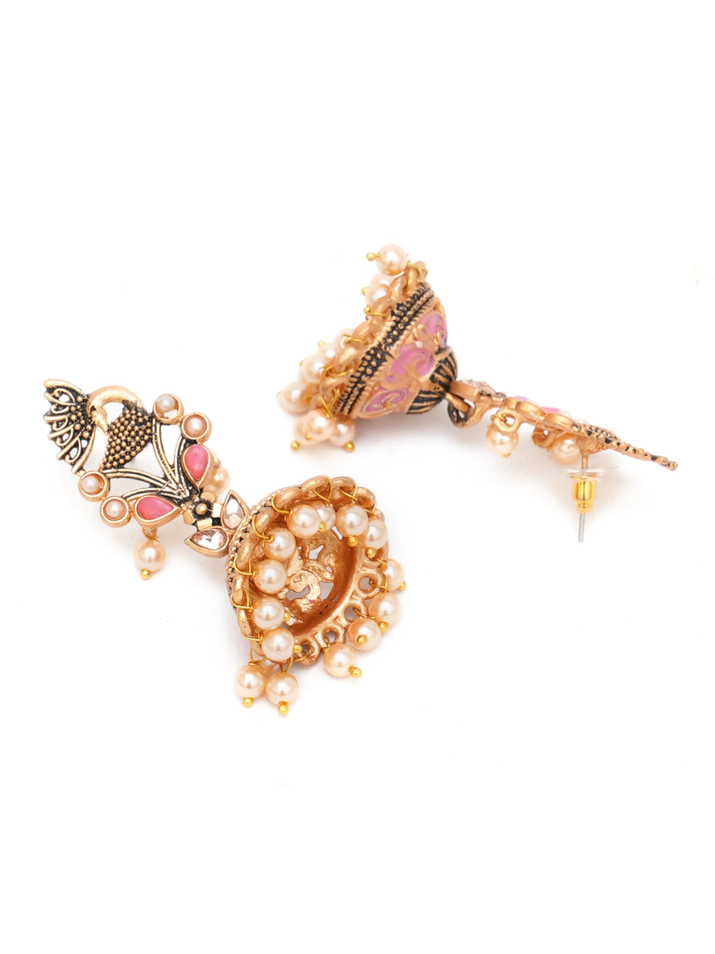 Karatcart Gold Plated Pink Stone Studded Peacock Shape Jhumki Earrings for Women