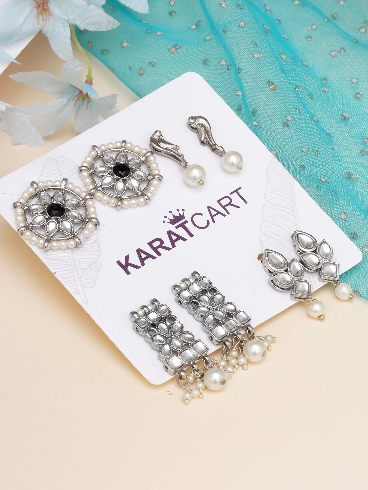 Karatcart Set of 4 Handcrafted Kundan Earrings Combo for Women