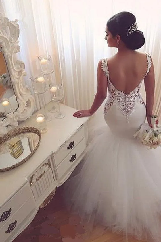 Lace Mermaid Tulle Bridal Gowns Open Back Sleeveless Modern Bridal Gowns Online