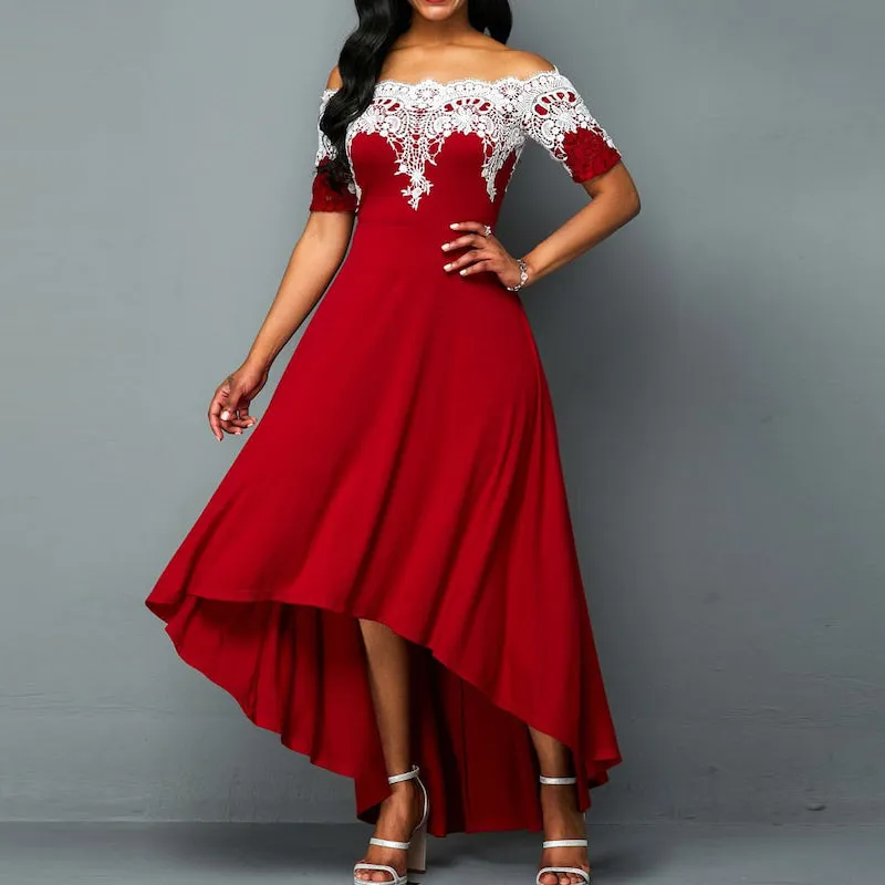 Lace Patchwork Off Shoulder Irregular Pleated Design Dress
