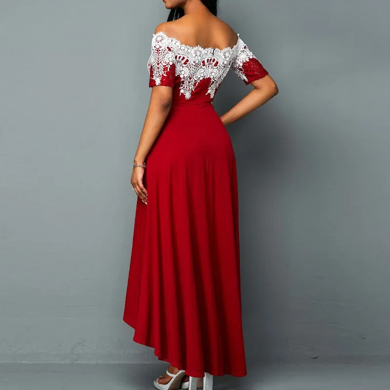 Lace Patchwork Off Shoulder Irregular Pleated Design Dress