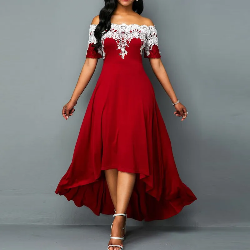 Lace Patchwork Off Shoulder Irregular Pleated Design Dress