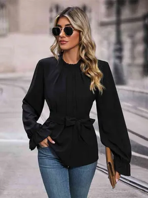 Lalley Round Neck Tie Waist Long Sleeve Blouse