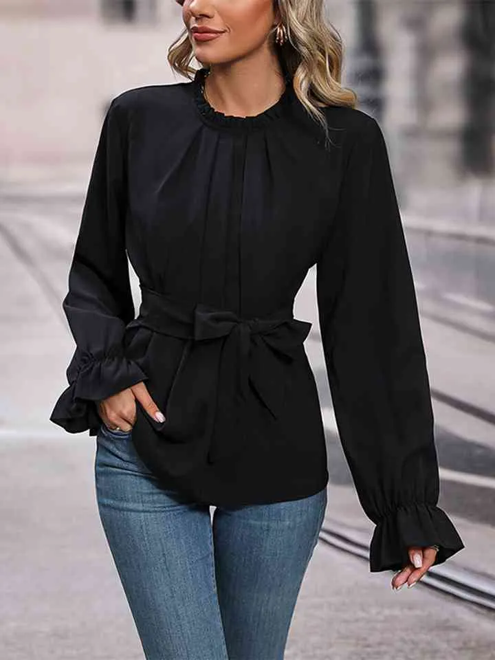 Lalley Round Neck Tie Waist Long Sleeve Blouse